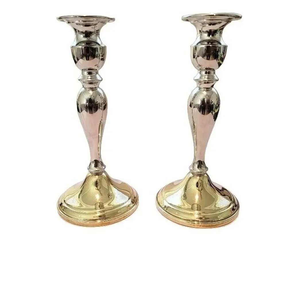 Candlestick Pair Two-tone Silver Brass Web Pewter Weighted Formal‎ Evening